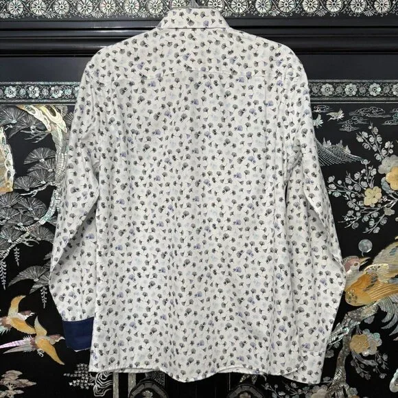 Paul Fredrick Slim Dress Shirt 15 White Blue Ginkgo Floral Flip Cuff Long Sleeve - Picture 5 of 10